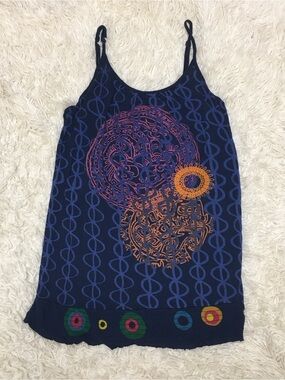 Desigual Adjustable Strap Tank Top Navy w/Screen print & Embroidery Sz L Rare